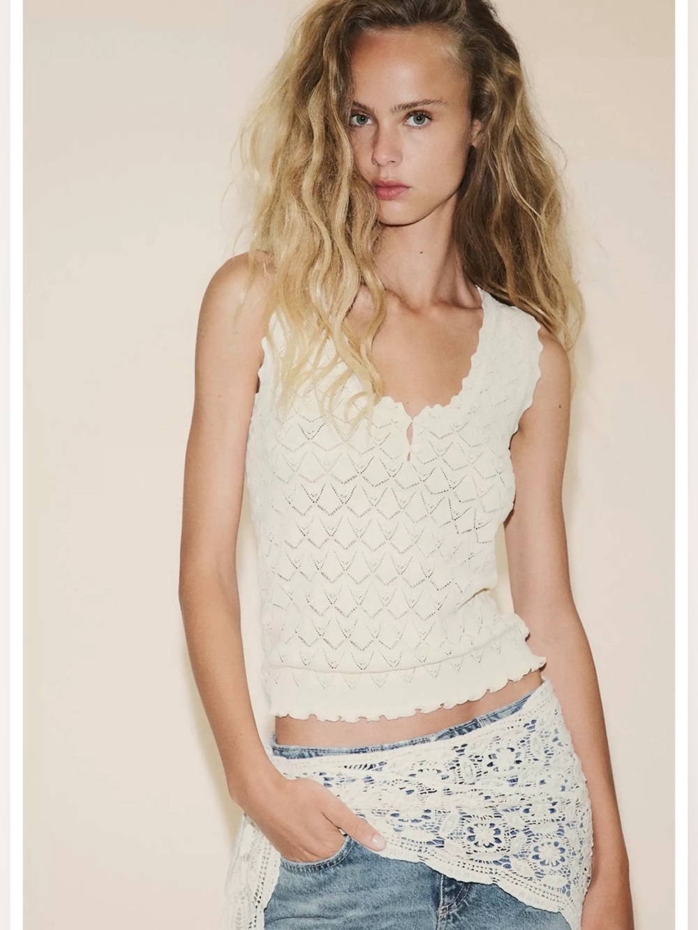 Zara Crochet Cream Sleeveless Knit Top Size M Dainty Coquette Ruffle Detail